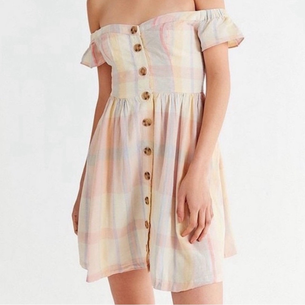 Urban Outfitters Pastel Plaid Off-Shoulder Button Front Dress Size M